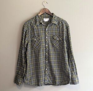 Wrangler Mens XL Pearl Snap Shirt Green Plaid Long Sleeve Western Wrancher Plaid